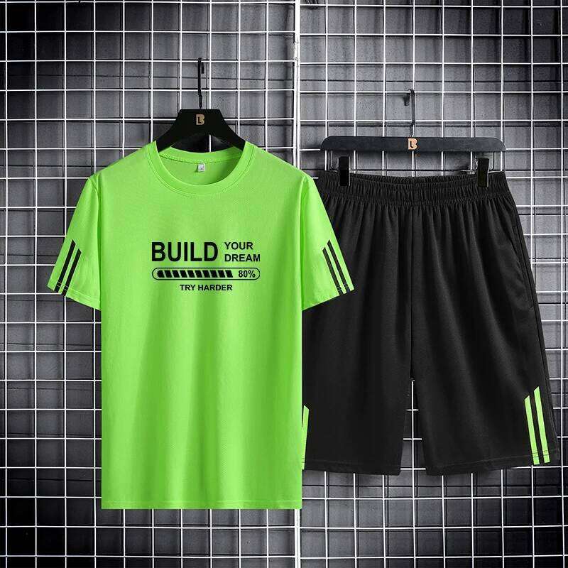 Ice Silk Quick Drying Sports Couple Three Bars Summer Thin Breathable Trendy Printed Short Sleeve Shorts Set of Two 26Y0626 - view 6