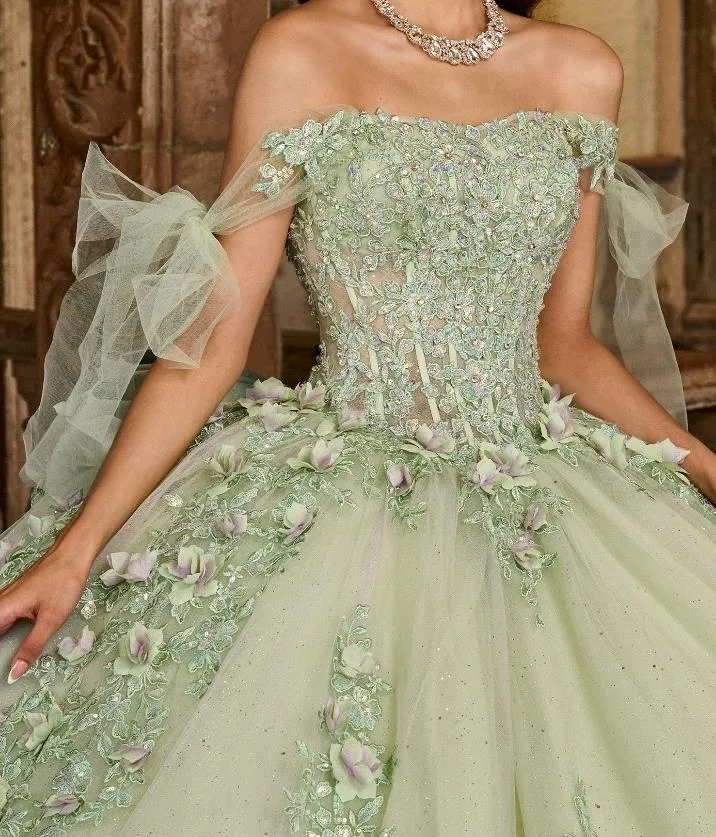 Mint green off-shoulder mesh dress with bow sleeves and beaded floral embellishments, sparkling mesh big ball gown Quinceanera forest-style dress - view 4