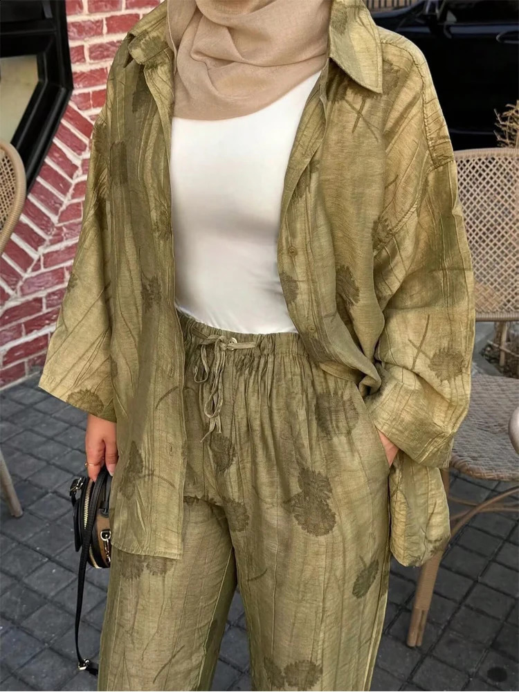 HXAO Pants Sets Embroidered Flower Shirt Trousers Womens Two Pieces Set Casual Baggy Summer Blouses TwoPiece 260626