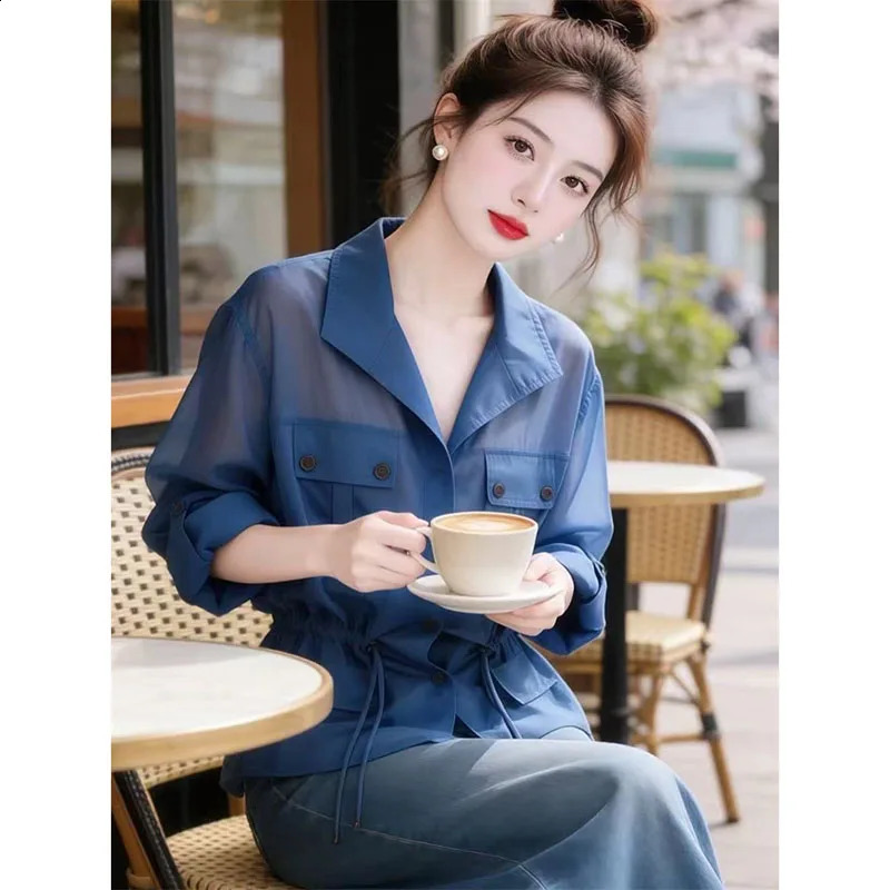 Blue Thin Micro-transparent Shirt coat Womens Spring Summer 2026 Style fashion long sleeve TeeShirts Sunscreen clothing 260626 - view 4