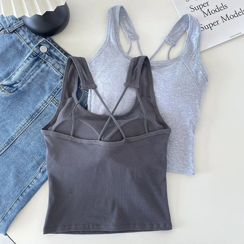 Solid Tank Top for Women Crosssling Short Vest Sports with Built in Bra Onepiece Sleeveless Slim Fashion Crop Female 260618 - view 6