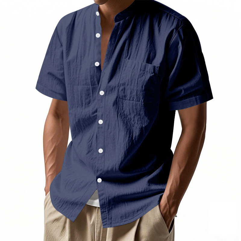 Mens Summer Loose Linen T-Shirt Solid Color American Style Henley Collar Beach Short Sleeve Shirt - view 8