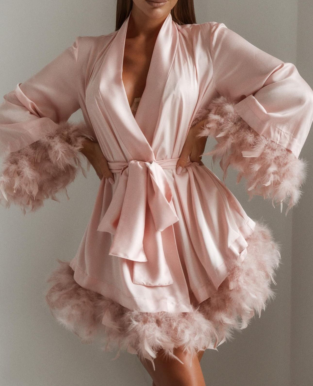 Modern Satin Mini Robe Dress Feather Bath Gown Long Sleeves Pregnant Wedding Anniversary Bride Sleepwear Nightwear Custom Made - view 4
