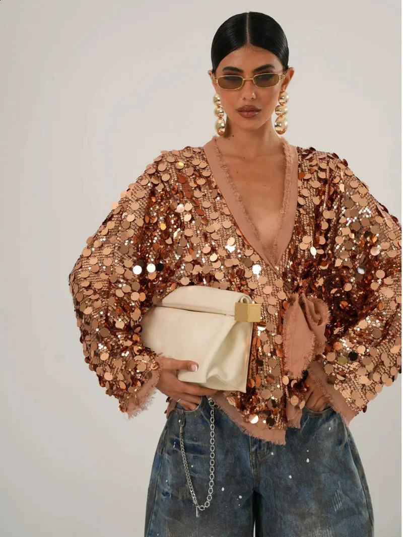 Five Colors Elegant White Sequ Patchwork Lace-up Shirt Blouse Women Long Sleeve V-neck Loose Short Coats Street Overshirt M4XW 260626