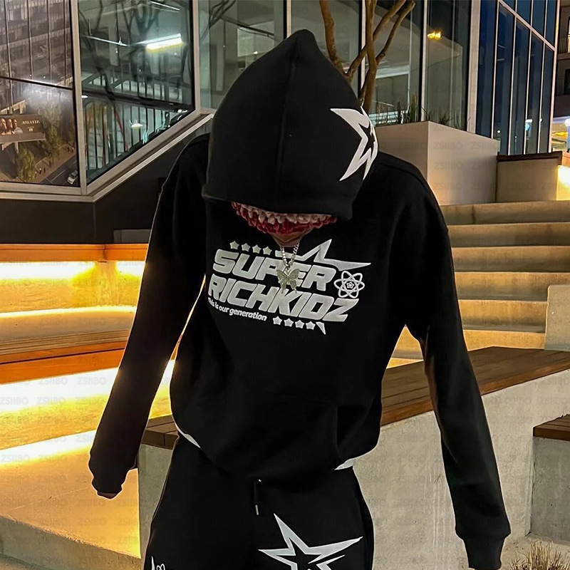 Women's Hooded Sweatshirt Jacket, Preppy Puff-Sleeve Blue Star Graphic Hoodie with Asymmetric Hem, Long-Sleeve Fleece-Cotton Blend, Single-Breasted Ca - view 4