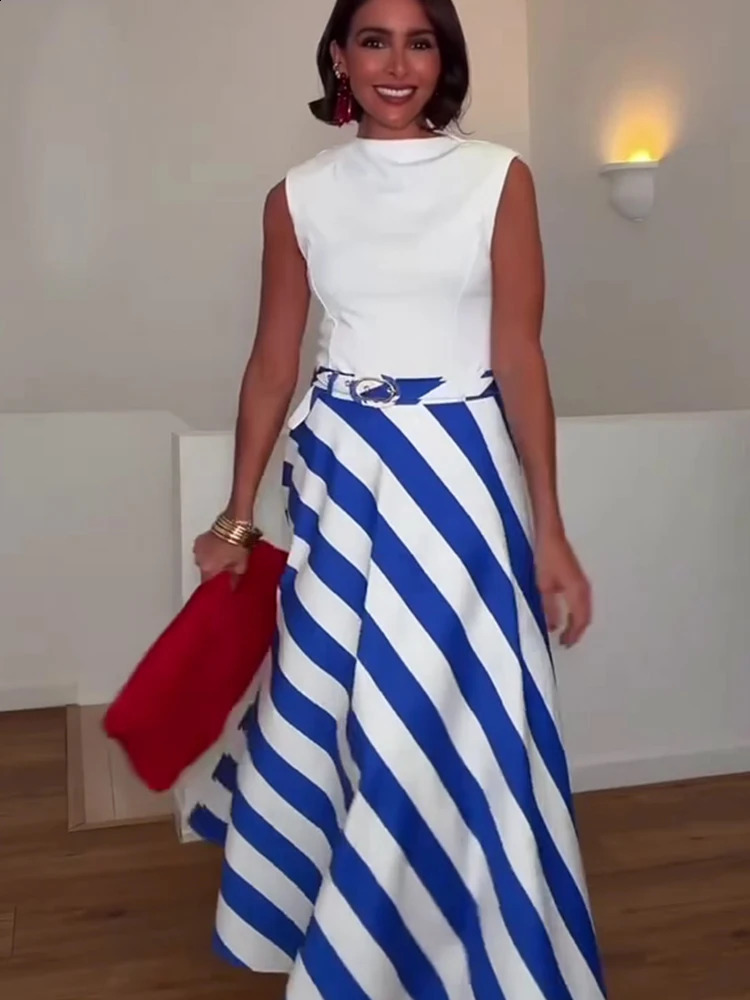 Elegant Women Striped Belt Skirt Chic Contrasting Colors Casual ALine 2026 Summer Fashion Ladies Holidays Midi Skirts 260626 - view 3