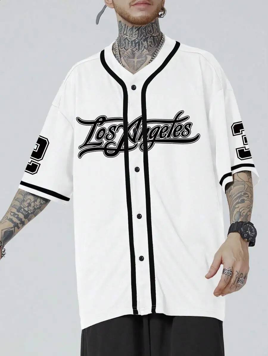 Men White Short Sleeve Baseball Shirt With Contrast Trim And Los Angeles Letter Print Casual Street Style 260626 - view 7