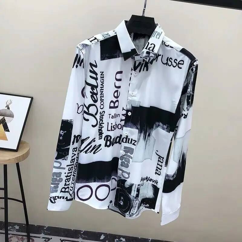 Men's Casual Shirts Polo Spring Autumn New Turn-Down Collar Fashion Long Sleeve Shirt Man High Street Casual Loose Button Cardigan Letter Printin - view 3