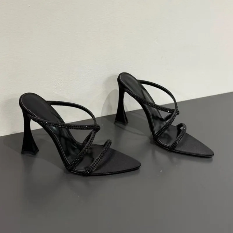 Summer Pointy Toe Thin High Heels Slippers Women Narrow Band Rhinestone Mules Slippers Sexy Crystal Party Shoes Woman 260626 - view 3