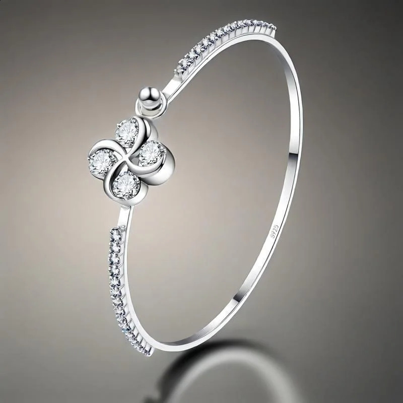 Exquisite 925 Sterling Silver Flower n Crystal Cubic Zircon Bangle Bracelets For Women Wedding Party Fashion Jewelry Gifts 260626 - view 4