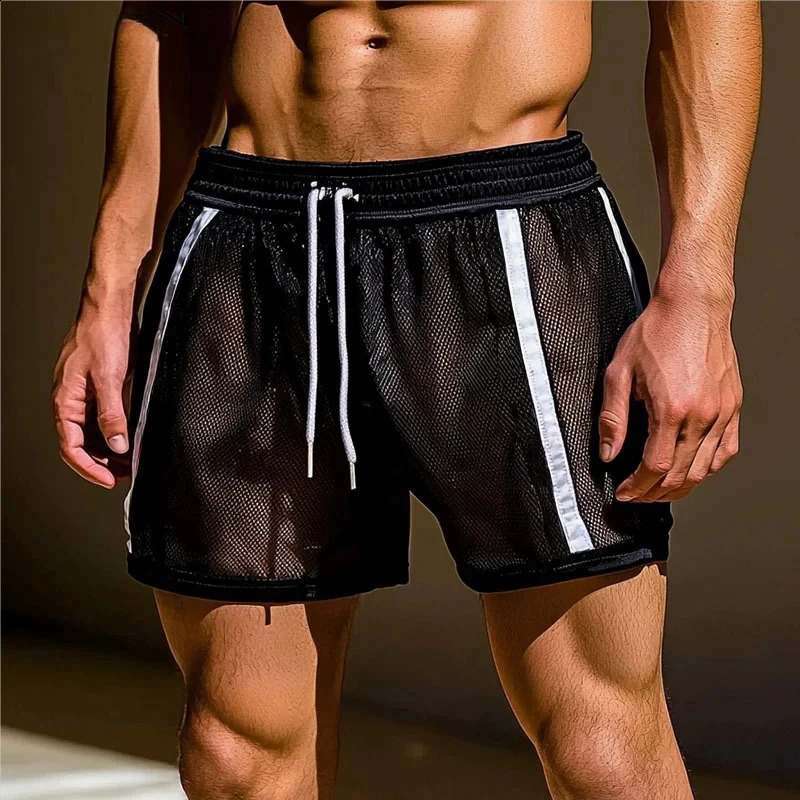 Mens Mesh See-through Sexy Shorts Fashion Patchwork Drawstring Beach Shorts Leisure Sport Shorts for Man Pajamas Home Underwear 260623
