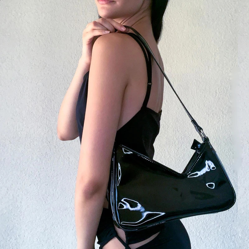 Vintage Women Black Patent Leather Underarm Shoulder Bag Fashion Irregularity Soft Pu Handbags Casual Glossy Totes 260626 - view 4