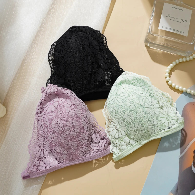 2PCS Lace Bralette Wireless Triangle Cup Bra Women Front Closure Thin Strap Lingerie 260626 - view 4