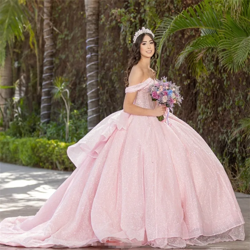 Light pink off-shoulder folded sleeves party dress with fine glitter tulle, layered side, big flared train - Quinceanera gentle princess dress