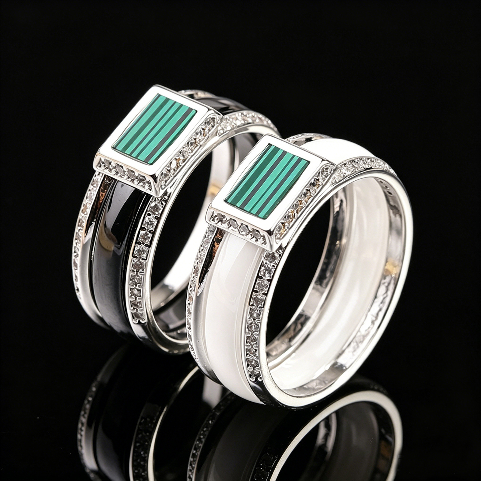 8mm Ceramic Diamond Encrusted Ring In White Gold Black And White Couples Ring Acrylic Matching Rings Versatile For Women And Men Lovers Bijoux Jewelry - view 1