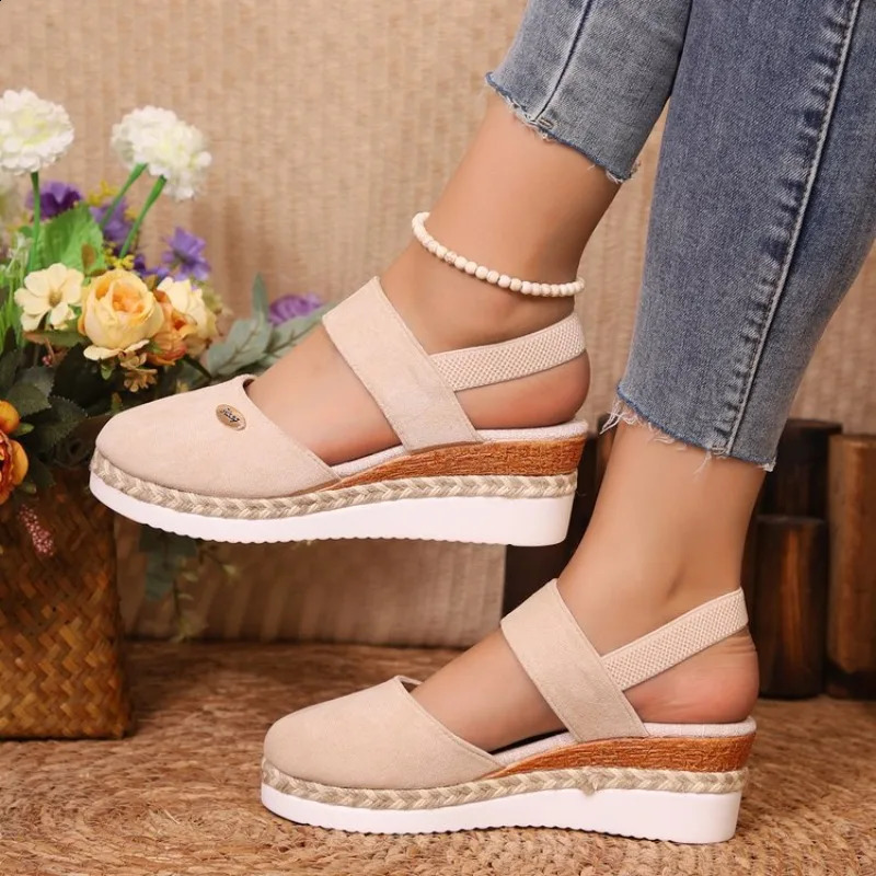 Women Linen Plain 6cm Wedge Sandals Handmade Ladies Casual Comfortable womens shoes 2026 260626 - view 4
