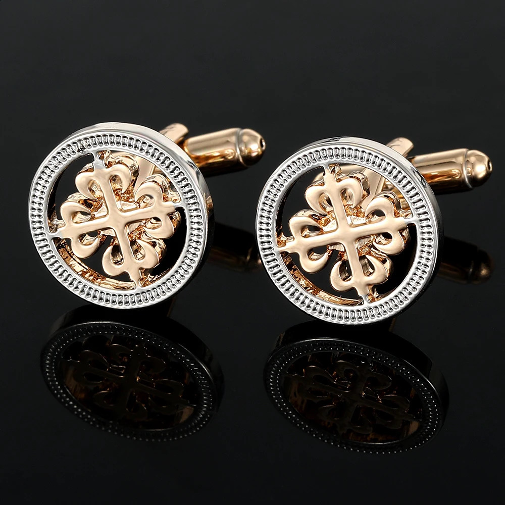 Novelty Two-Tones Hollow Out Flower Pattern Round Cufflinks Golden And Silver Plated Mens Shirt Suit Tuxedo Blouse Sleeve Button 260626 - view 3