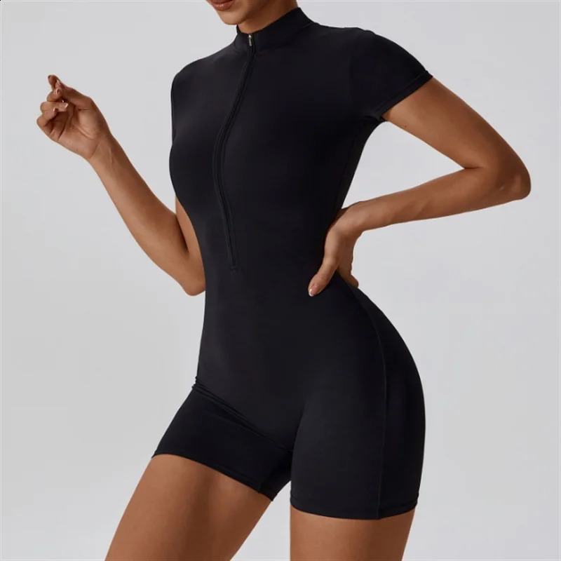 European and American nude one-piece yoga suit with stand up collar half zipper short sleeved fitness jumpsuit tight fitting 260626