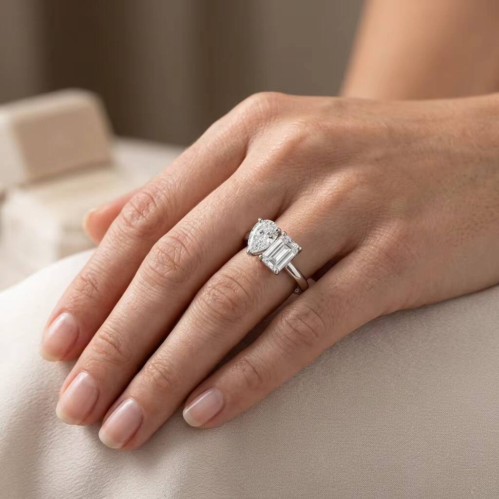 Classic Design Pear Emerald Cut Moissanite Two Stone Sterling Silver Ring for Wedding - view 6