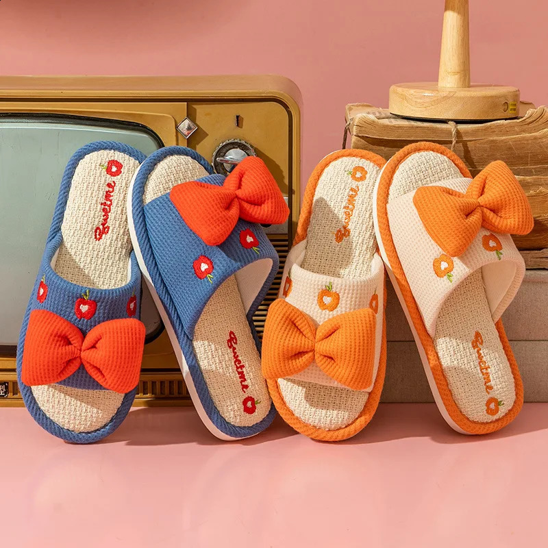 Ladies Summer Casual Linen Slippers Cartoon Multicolor Bow Girls Home Anti-Slip Slippers Simple Cute Slip-On Footwear 260624 - view 3