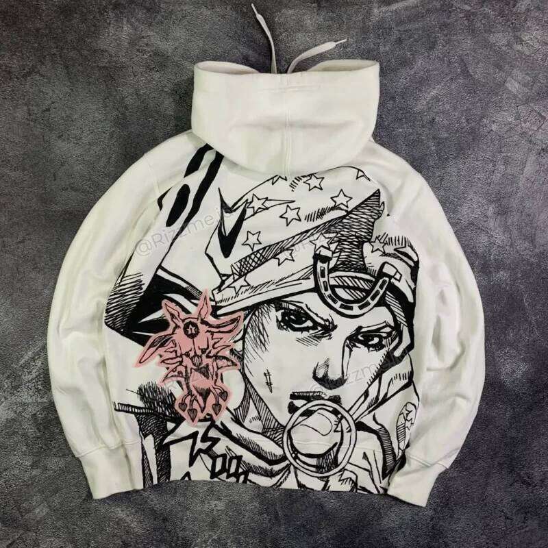 Y2K Retro Harajuku White Pullover Hoodie Vintage Anime Manga Graphic Print Streetwear Casual Loose Men Women Sweatshirt W260626 - view 1