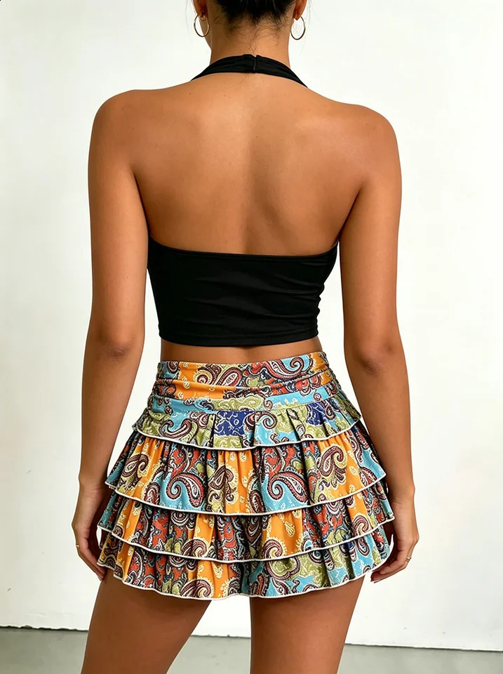 Womens clothing set solid color hanging neck backless vest topelastic waist geometric printed half skirt short 260625 - view 3