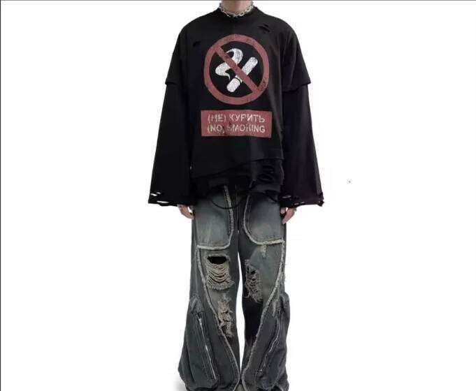 Y2K Cigarette Pattern Print Streetwear Harajuku Hip Hop Ripped Long Sleeve Top Gothic Fashion Crew Neck Sweatshirt Men Women W260626 - view 7