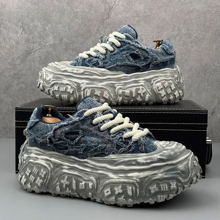 Vintage Frayed Denim Platform Sneakers Distressed Thick Sole Casual Shoes Rugged Tire Sole Lace Up Streetwear Fashion Trainers
