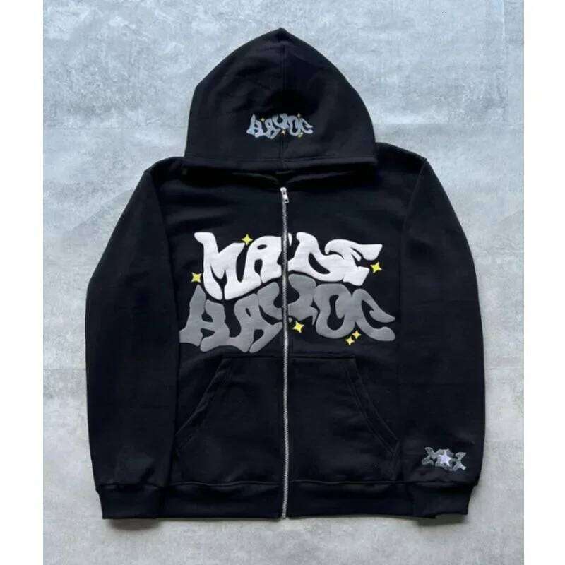 Zipper hooded sweatshirt with retro American letters suitable for men and women wearing Y2K jacket autumn/winter cardigan W260626 - view 1