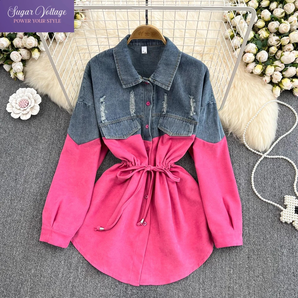 Womens Turn-down Collar Denim Patchwork Shirt Jacket Autumn Loose Long Sleeve Drawstring Waist Mid-Length Casual Streetwear Top 260626 - view 5