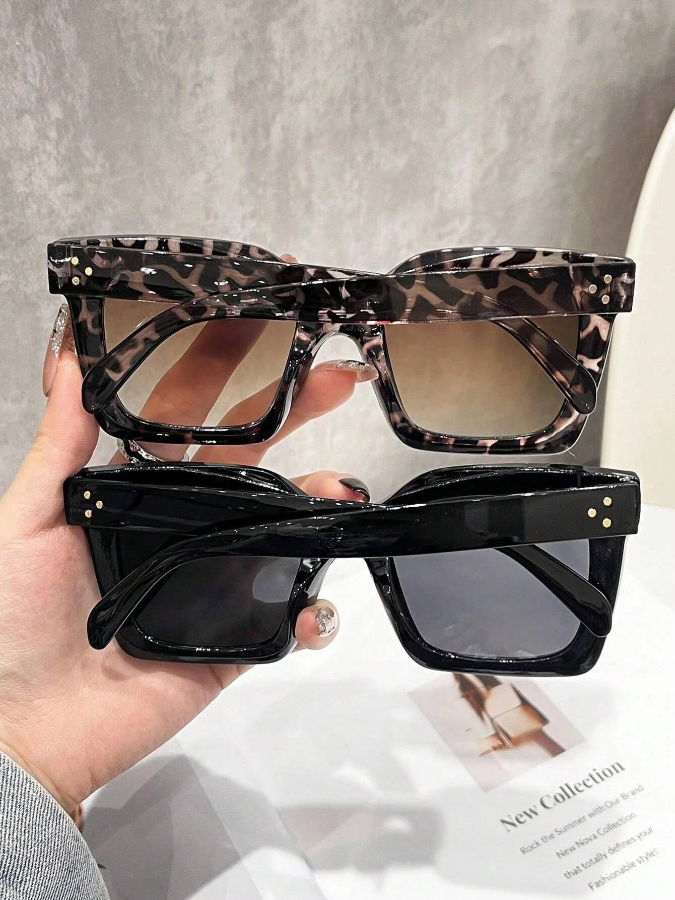 1/2Pcsretro High-Quality Square Large Frame Fashion Glasses Unisex With Rivet Decorated Arms Suitable For Driving And Daily Wear - view 3