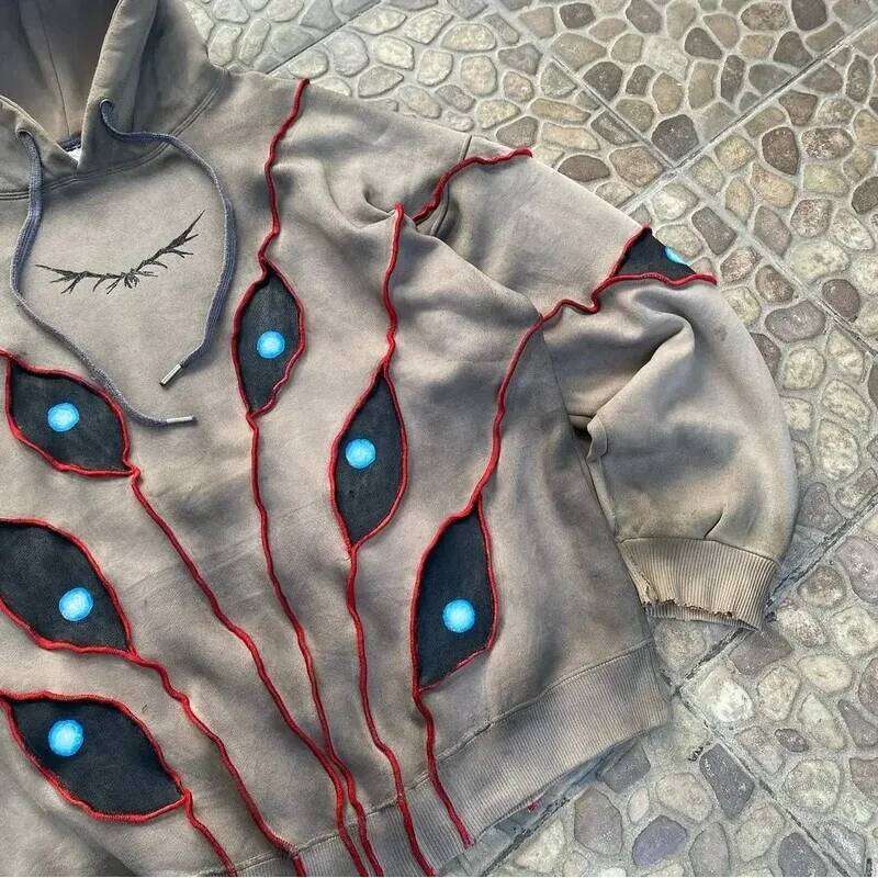 Gothic Punk Eye Pattern Patchwork Hoodies Y2k Top New Retro Loose Long Sleeve Sweatshirt Men and Women Hoodie Streetwear W260626 - view 3