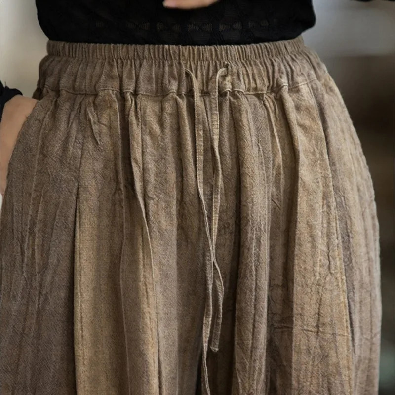 Johnature Women Casual Ramie Cotton Wide Leg Pants Elastic Waist Tiedye Trousers Autumn Pockets Belt Long 260625 - view 6