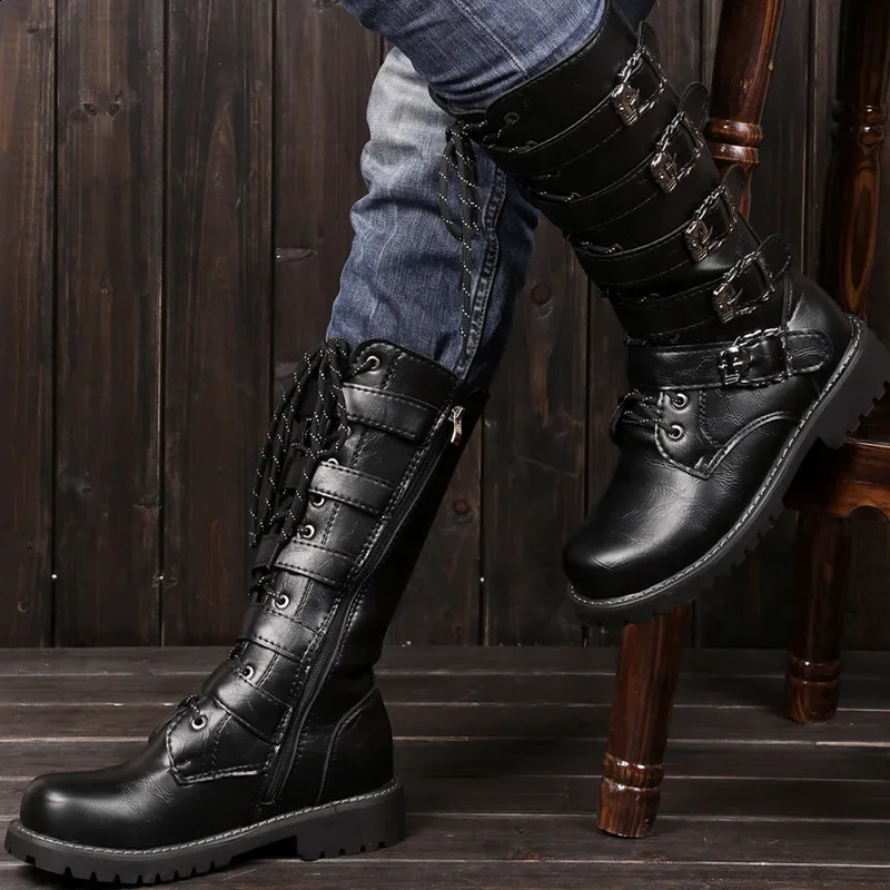 Large Size 37-46 Mens PU Leather Motorcycle Boots Mid-calf Breathable Boots Gothic Belt Punk Boots Men Punk Shoes 260626 - view 6