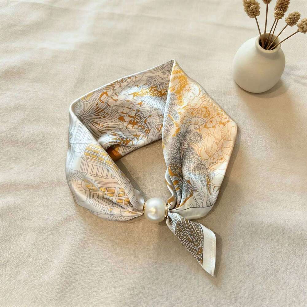 Spring Summer Thin Pearl Silk Scarves Magnetic Buckle Lazy Women Girls Sweet Elegant Pendant Collarbone Chain Neck Scarf 26Y06226