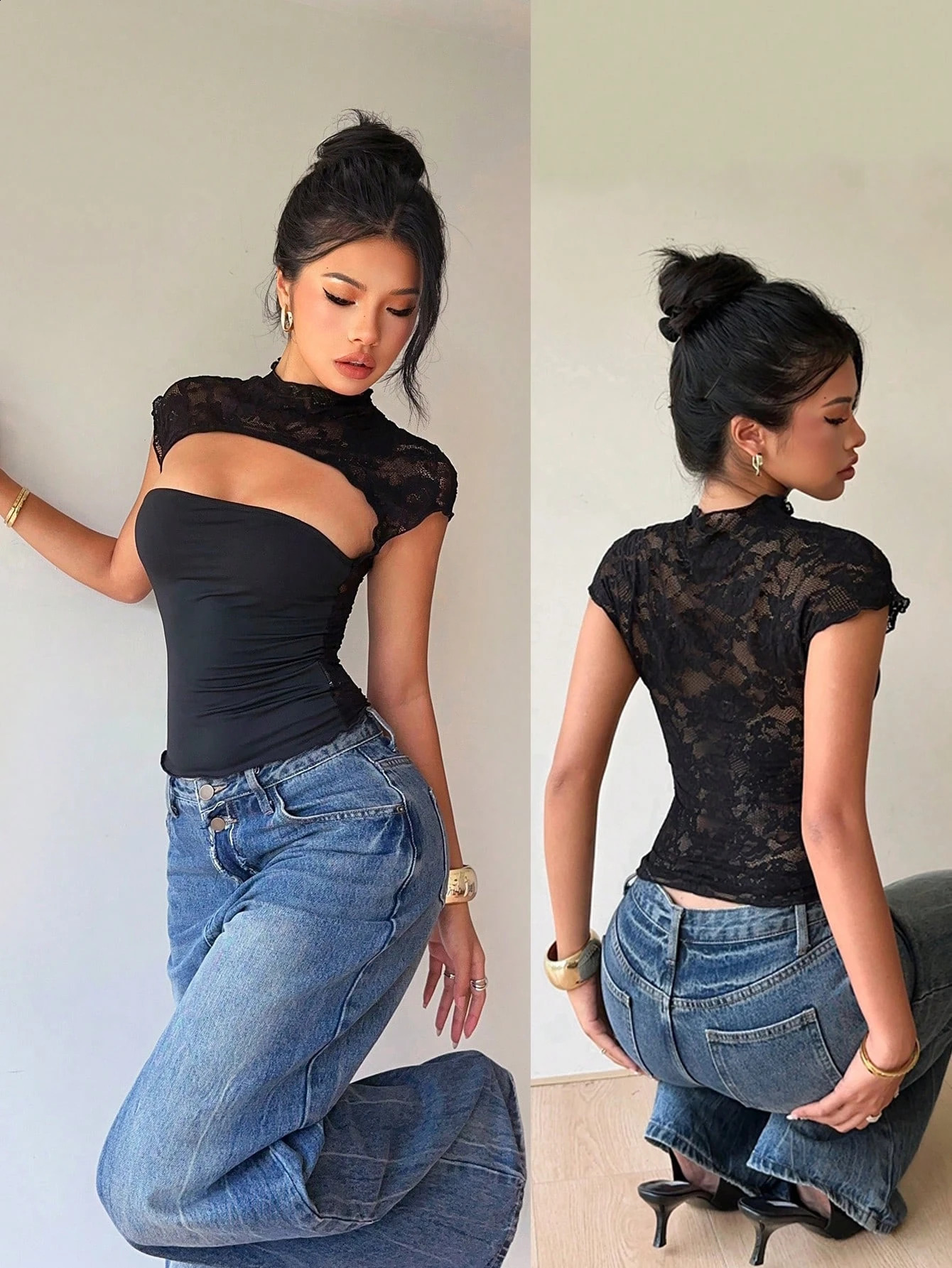 Womens Sexy Lace Patchwork Front Hollow Out Short Sleeve T-Shirt Casual Slim Fit Solid Color Crop Top Spring/Summer 2026 260626