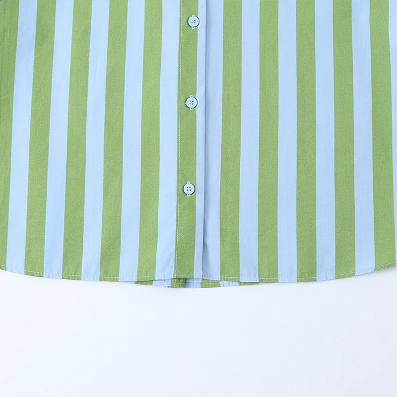 Willshela Women Fashion Green Striped Single Breasted Blouse Vintage Lapel Neck Short Sleeves Female Chic Lady Shirts 260626 - view 6
