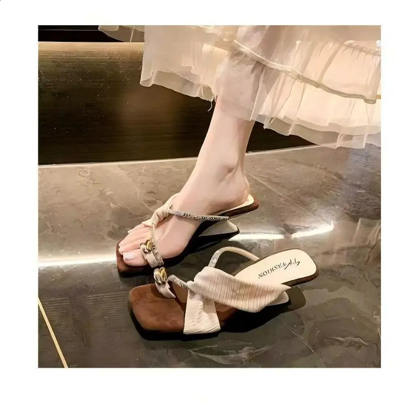 y Rhinestone Square Toe Sandals Loop Women Elegant Pleated Slides Metal Decor Beach Wedding Party Dress Mules Shoes 260626 - view 3