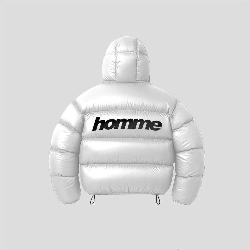 Men Shiny Puffer Jacket Back Homme Letter Print Hooded Down Oversized Warm Winter Couple Bubble Coat Black White Unisex New W260626 - view 5