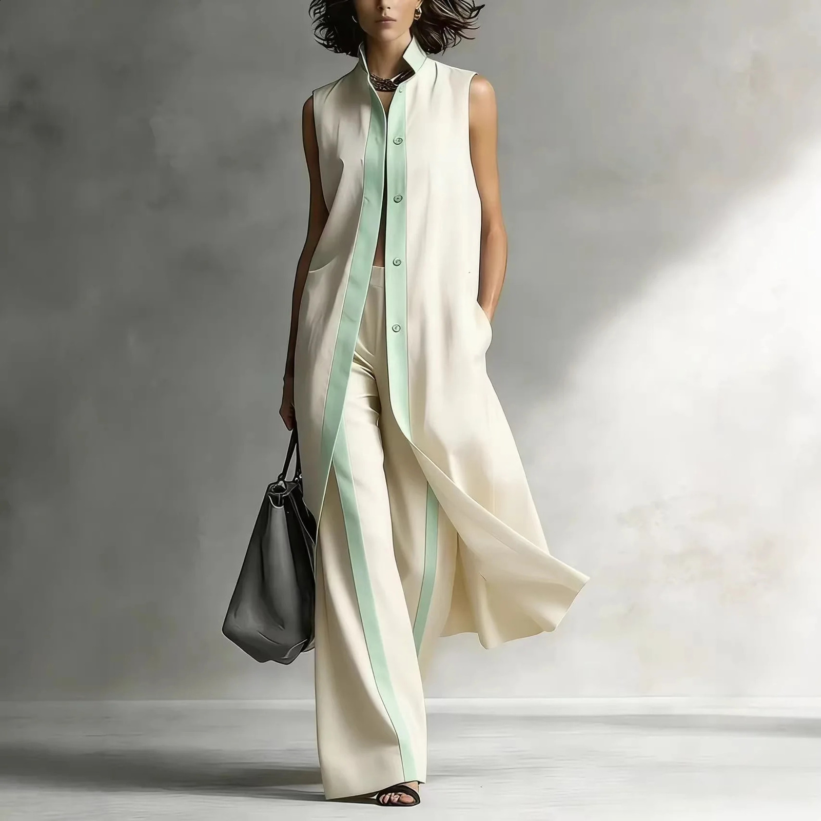 Womens Twopiece Sleeveless Standup Collar Vest Cardigan Trousers 2026 Summer Loose Fashion Casual Contrast Color Suit 260626 - view 3
