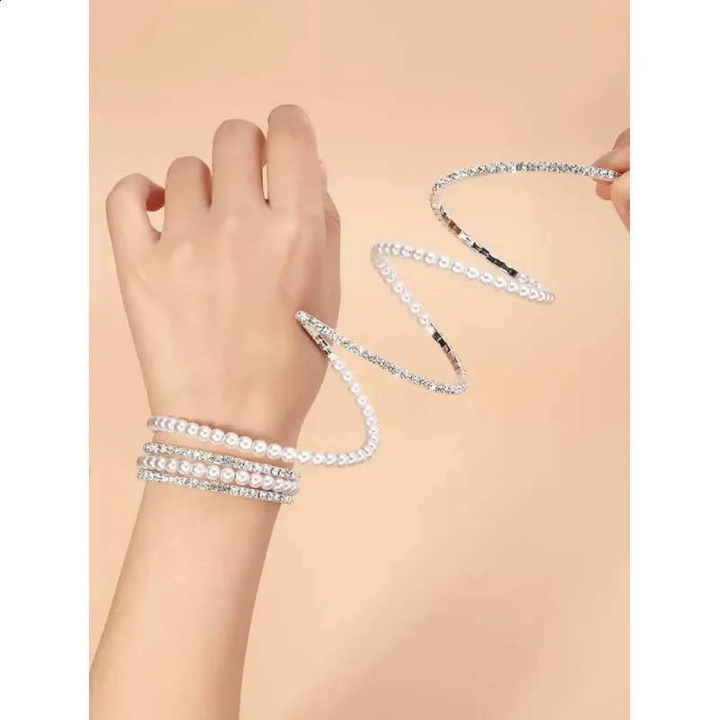 1pc Rhinestone Faux Pearl Decor Bangle Sparkling Luxe Cuff Bracelet for Women 260625 - view 3