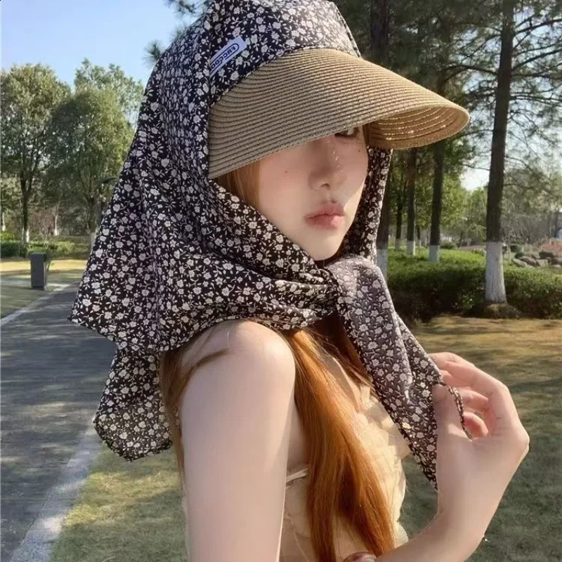 Wide Brim Straw Hat With Black Lining Visor Sun Hat With Neck Flap Uv Protection Summer Cap Hollow Top Sun Hat For Women 260625 - view 7