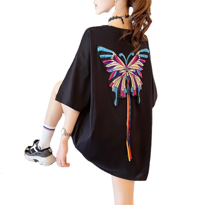 Women's Butterfly Embroidery T-Shirt, Casual Tie-Dye Cotton Blend Top with Loose Kimono Short Sleeves, Breathable Crew Neck and Button Detail for Ever - view 6