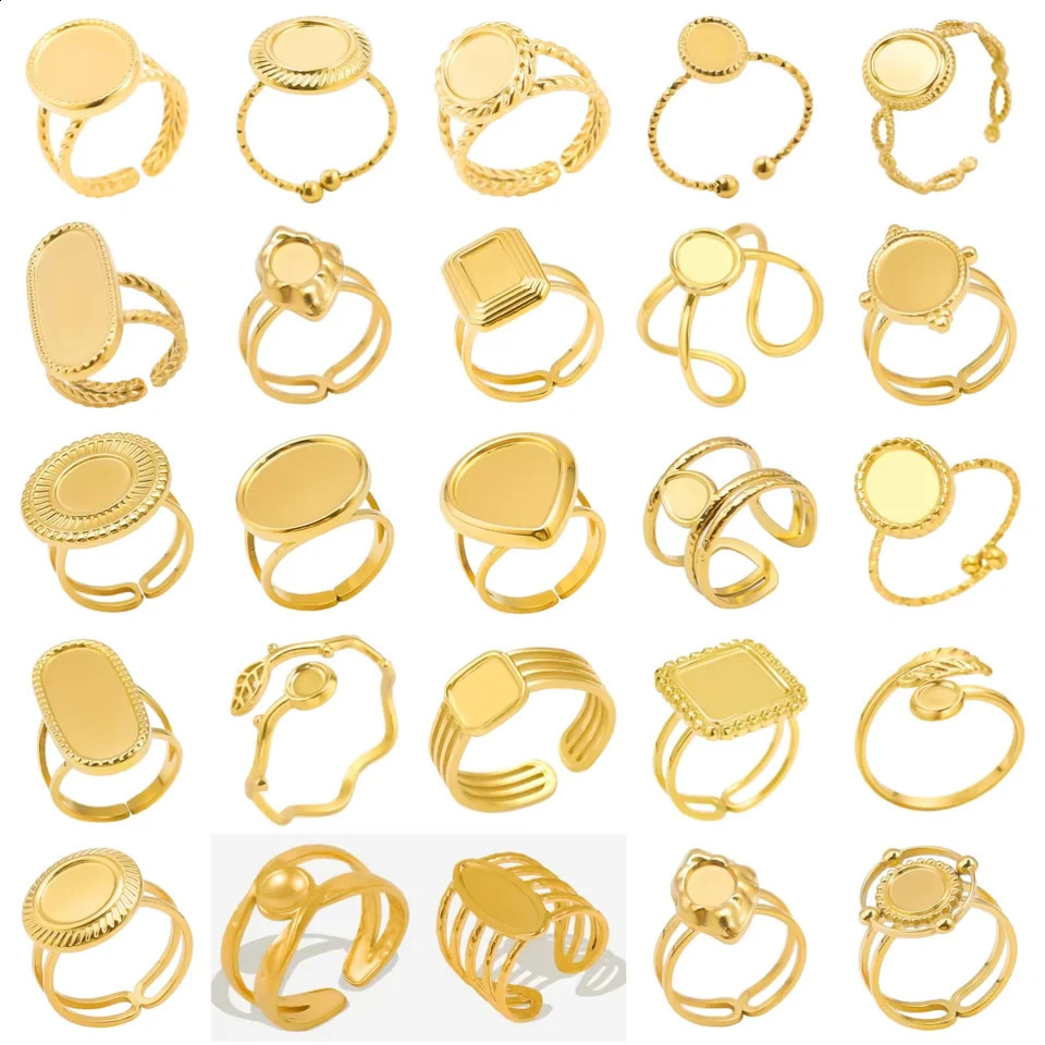 5pcs Retro Stainless Steel Gold Plated Ring Irregular Geometry Bow Ellipse Water Droplet Rings Diy Stone Drill Jewelry No Fading 260625