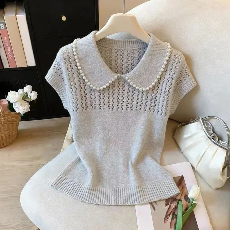 Fashion Summer Doll Collar Knitted Sweater Women Pullovers Short Sleeve Beading Knit Pullover Tops Knitwears Q4031 260626 - view 7