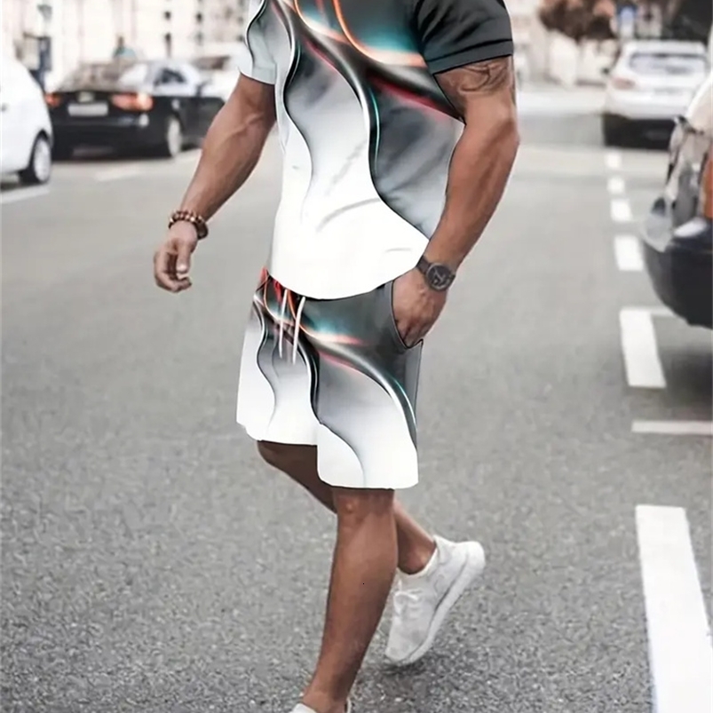 Gradient Texture T-Shirt Mens Two-Piece Summer Shorts Suit Fashion 3D Printing Street Casual Sportswear Mens Models 260618CJ