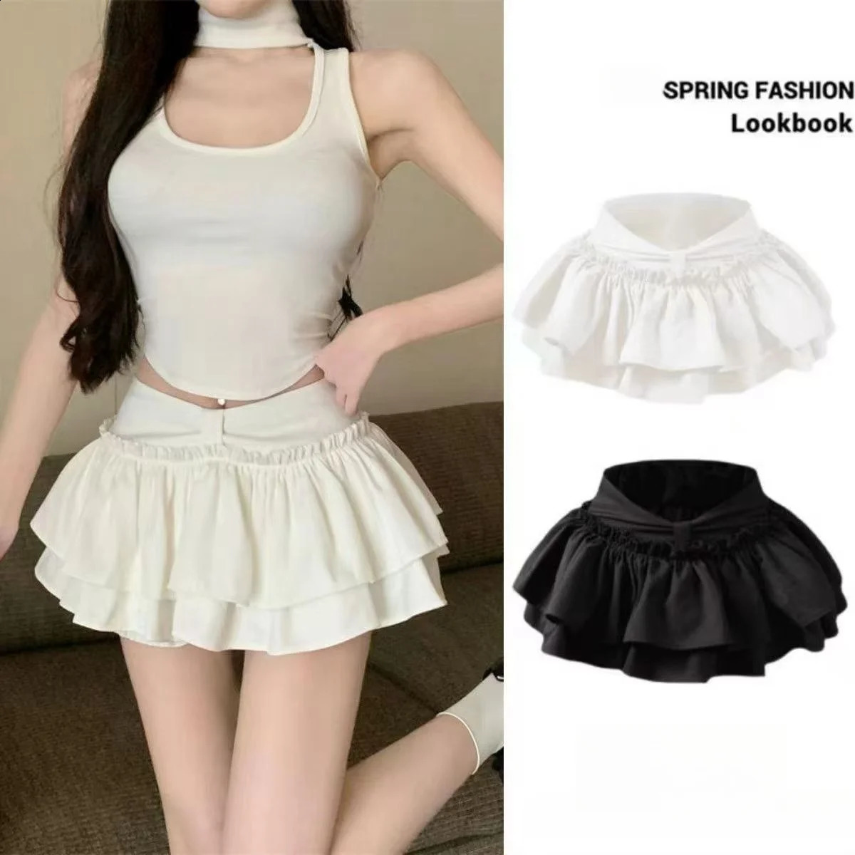 Shorts Korean Chic Kawaii Ballet-Style Tiered Skirt Sweet Princess Mini Skirts Elegant Elastic High Waist Ladys Matching SKirt 260626
