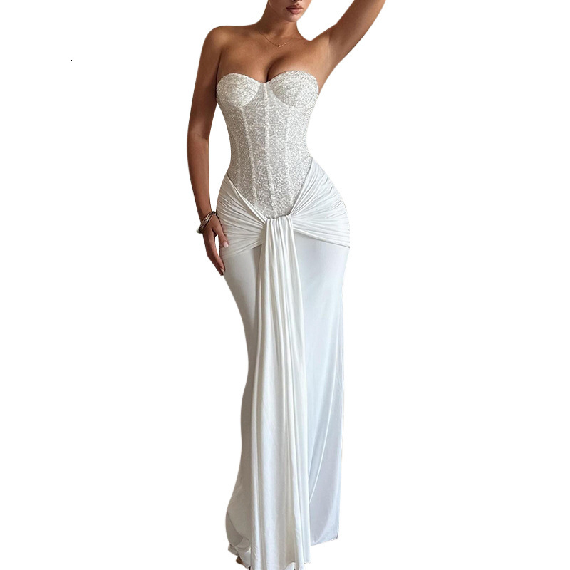 XY25325PFO Hot-Selling Evening Dress Long Dress New Waist-Cinching Slimming Ribbon Strapless Elegant Dress - view 6