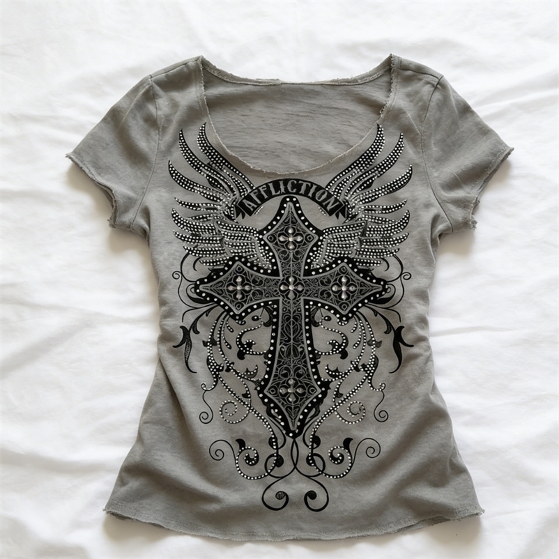 Grey Gothic Tee Women Wing Detail Raw Edge Neck Hem Y2K Aesthetic Streetwear 260625 - view 5