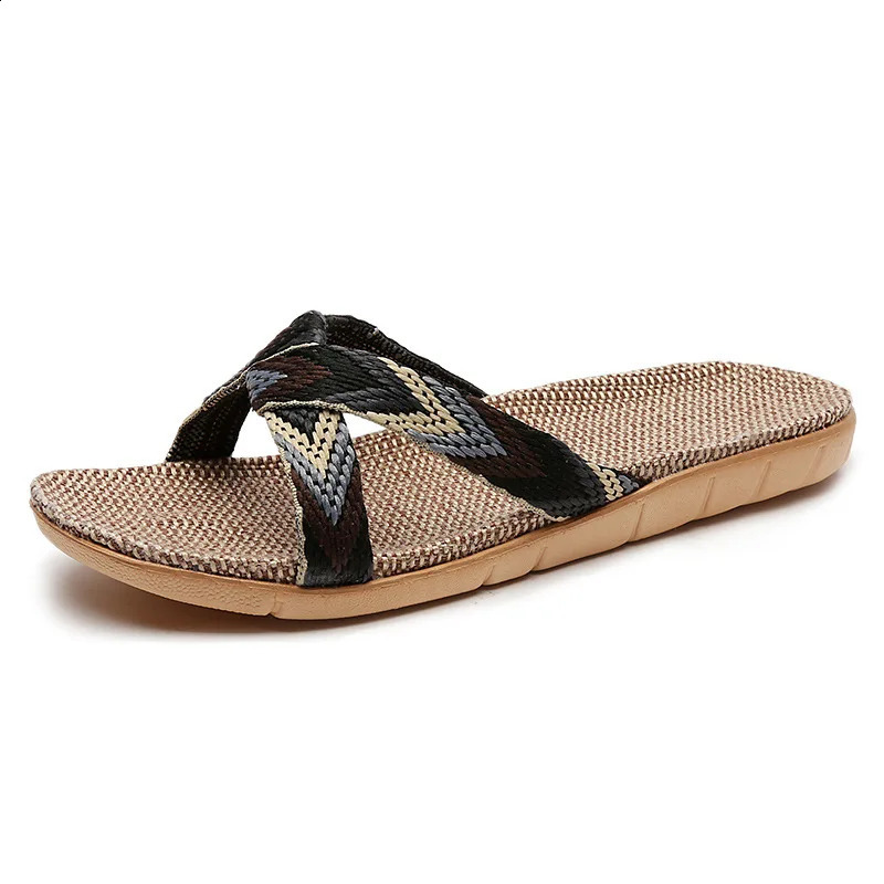 2026 Summer Women Linen Slippers Non-Slip Breathable Flat Shoes Couple Open-Toe Home Sandals Indoor House Slides for All Seasons 260624 - view 3